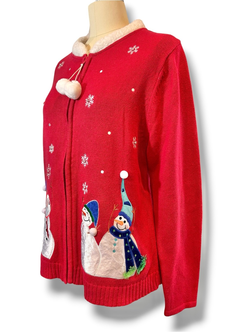 Ugly Christmas Sweater Classic Elements Red Zip Cardigan Snowmen Women’s Sz L - Picture 6 of 10